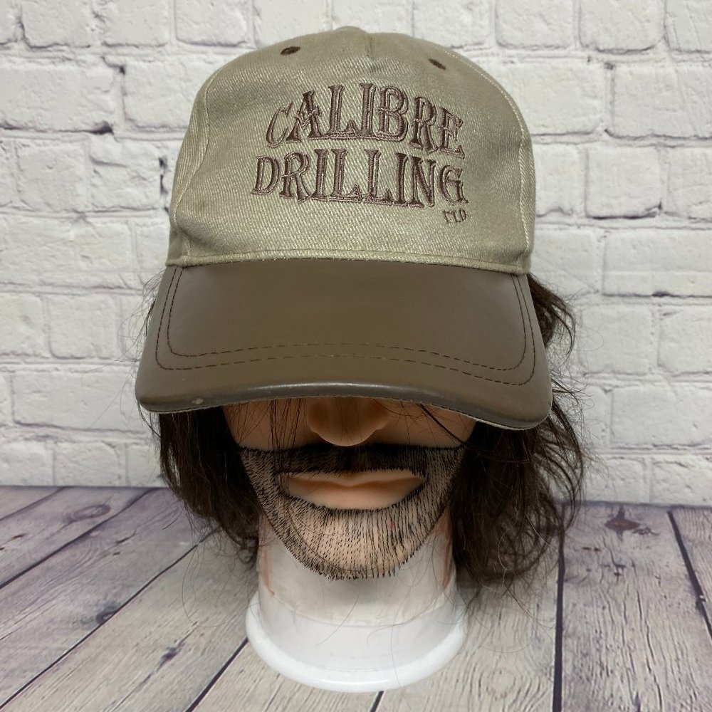 Vintage Oilfield Hat Cap Strap Back Brown Leather Bill CALIBRE Drilling Logo AJM